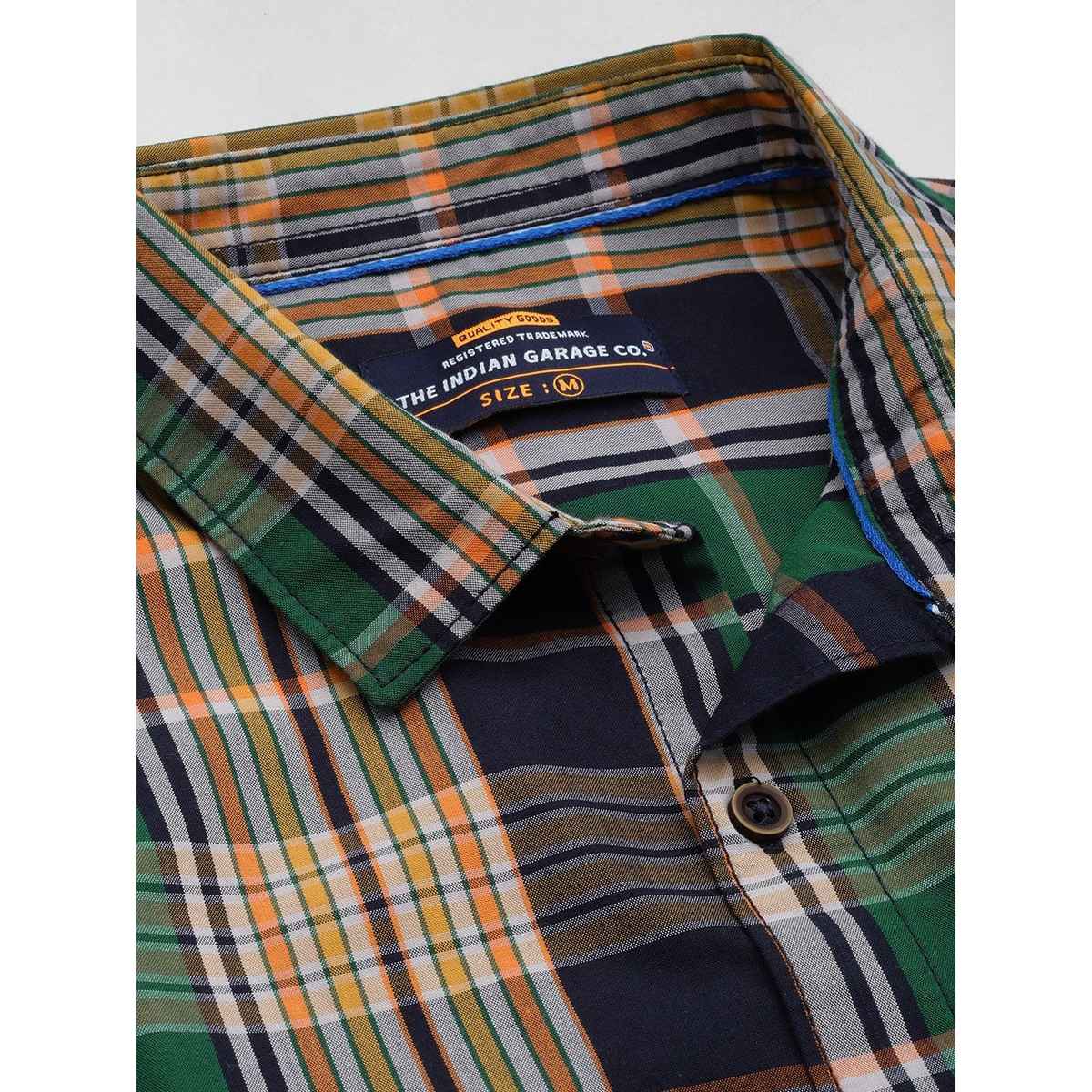 The Indian Garage Co Men's Slim Fit Checkered Casual Half Sleeve Shirt | Navy Blue - M