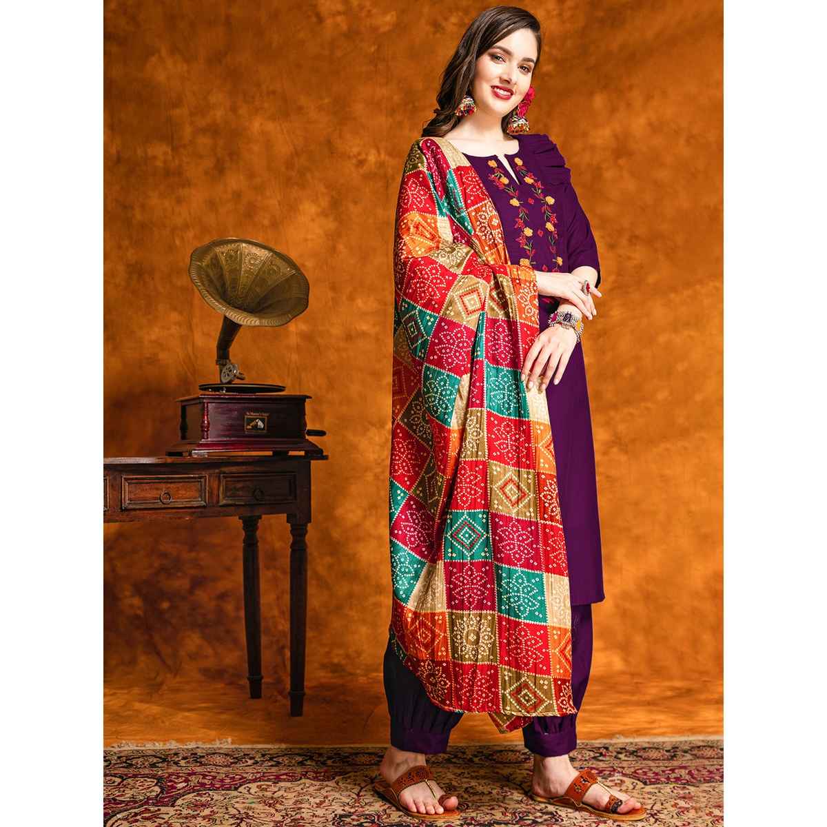 Youthnic Embroidered & Mirror Work Cotton Straight Kurta Dupatta Set | SKD44 - Sawan Wine | S