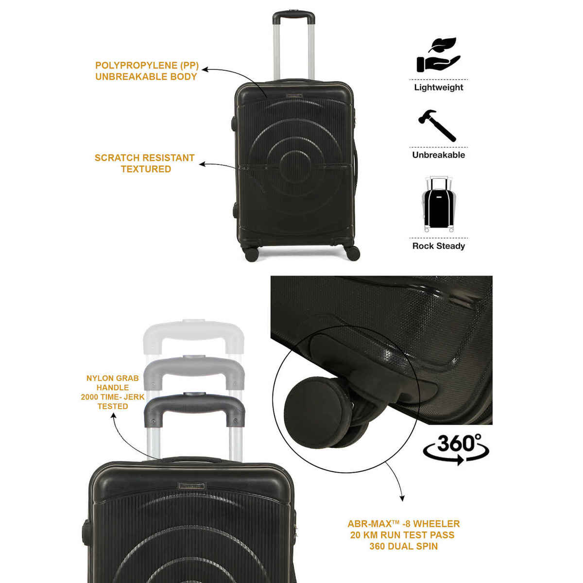 Teakwood Textured PP 48 L Telescopic Hard Luggage | Black - 55 cm