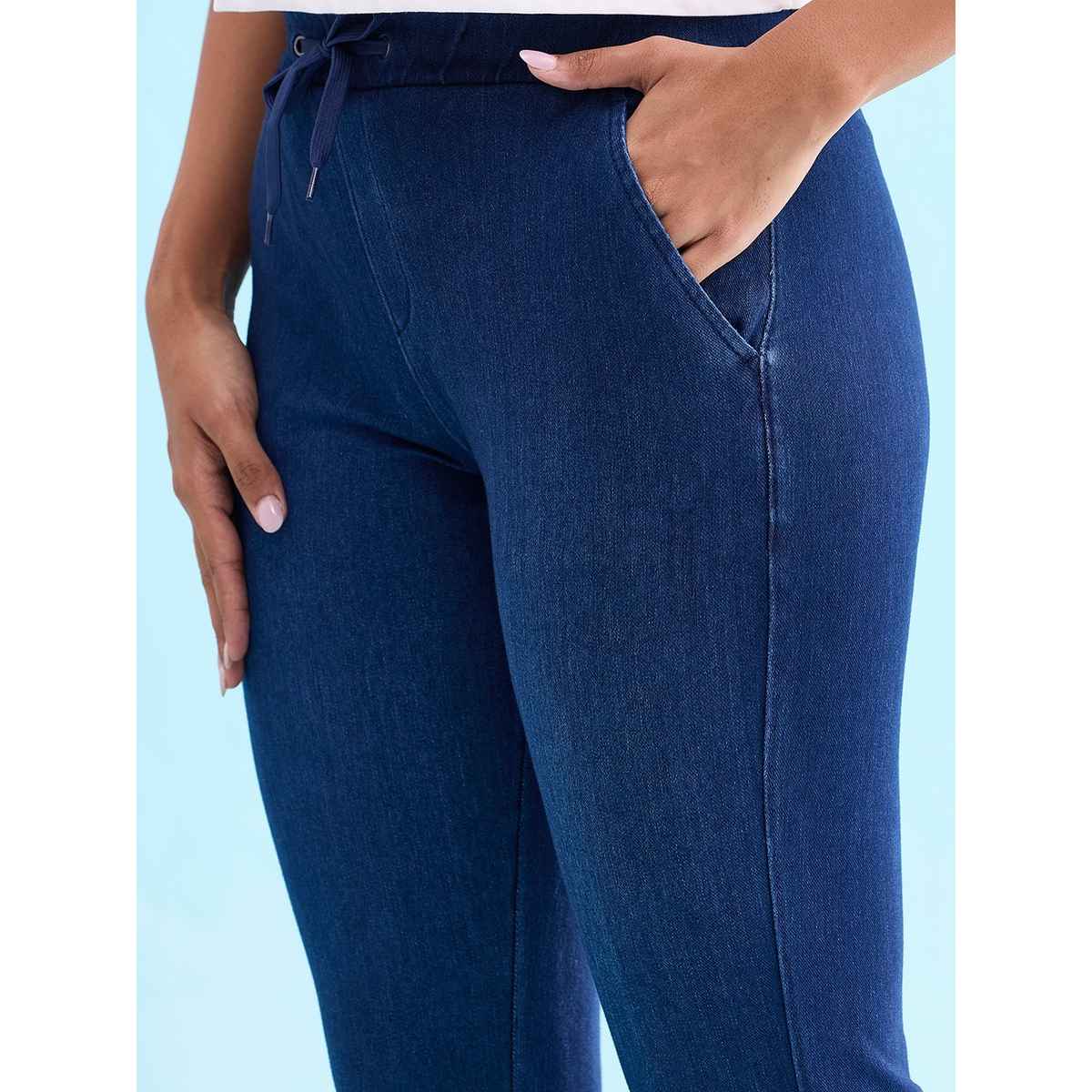 Go Colors Women's Solid Denim Joggers | LJ07 | Blue - XL