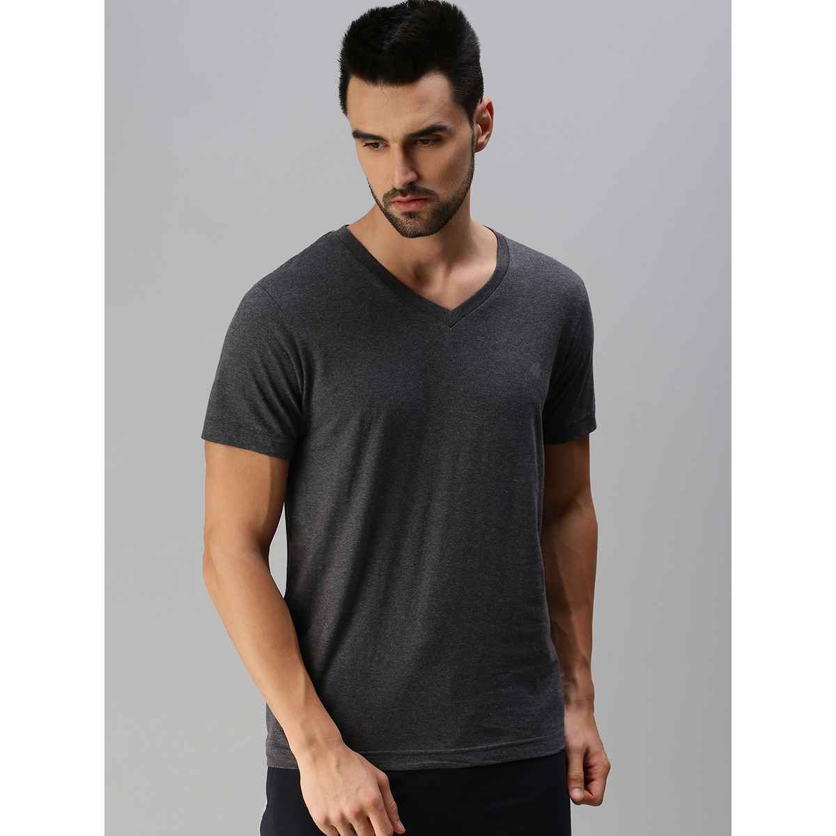 ONN Premium Men's Solid Pure Cotton V Neck T-shirts | Black Melange | Size - M
