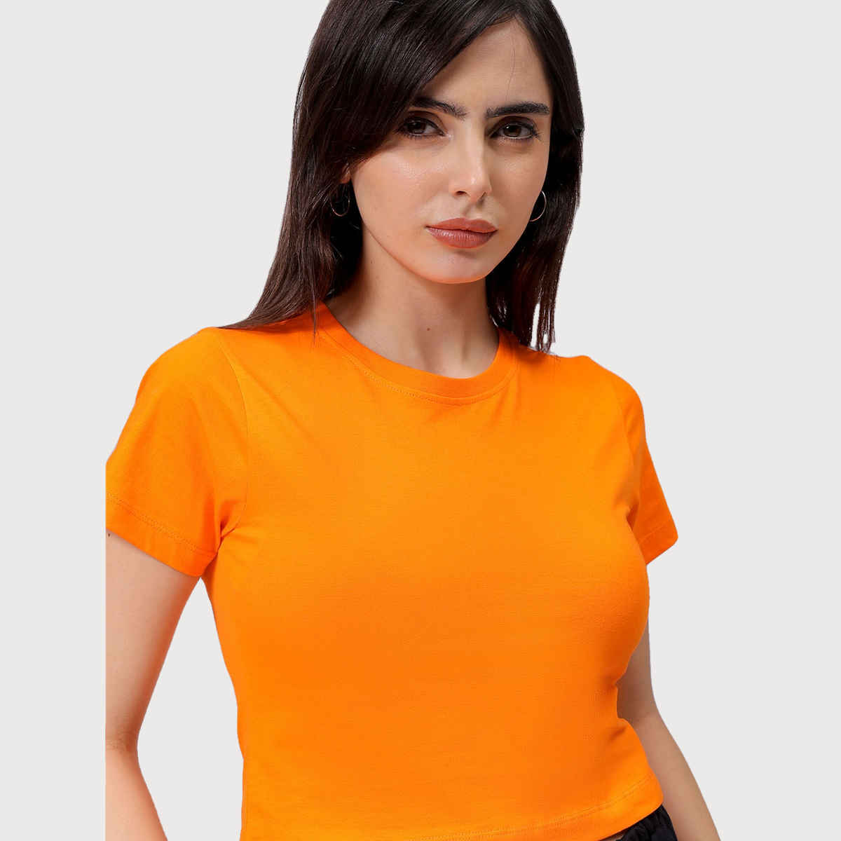 Freehand Women's Slim Solid Casual Cropped T-Shirt | Orange - M