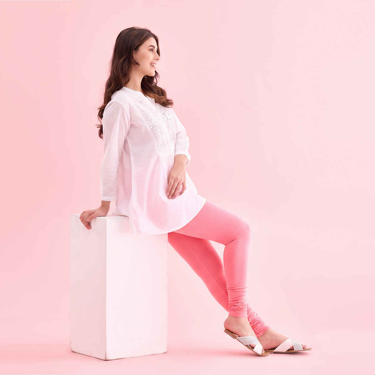 Go Colors Women's Solid Mid Rise Churidar | Light Pink - 2XL