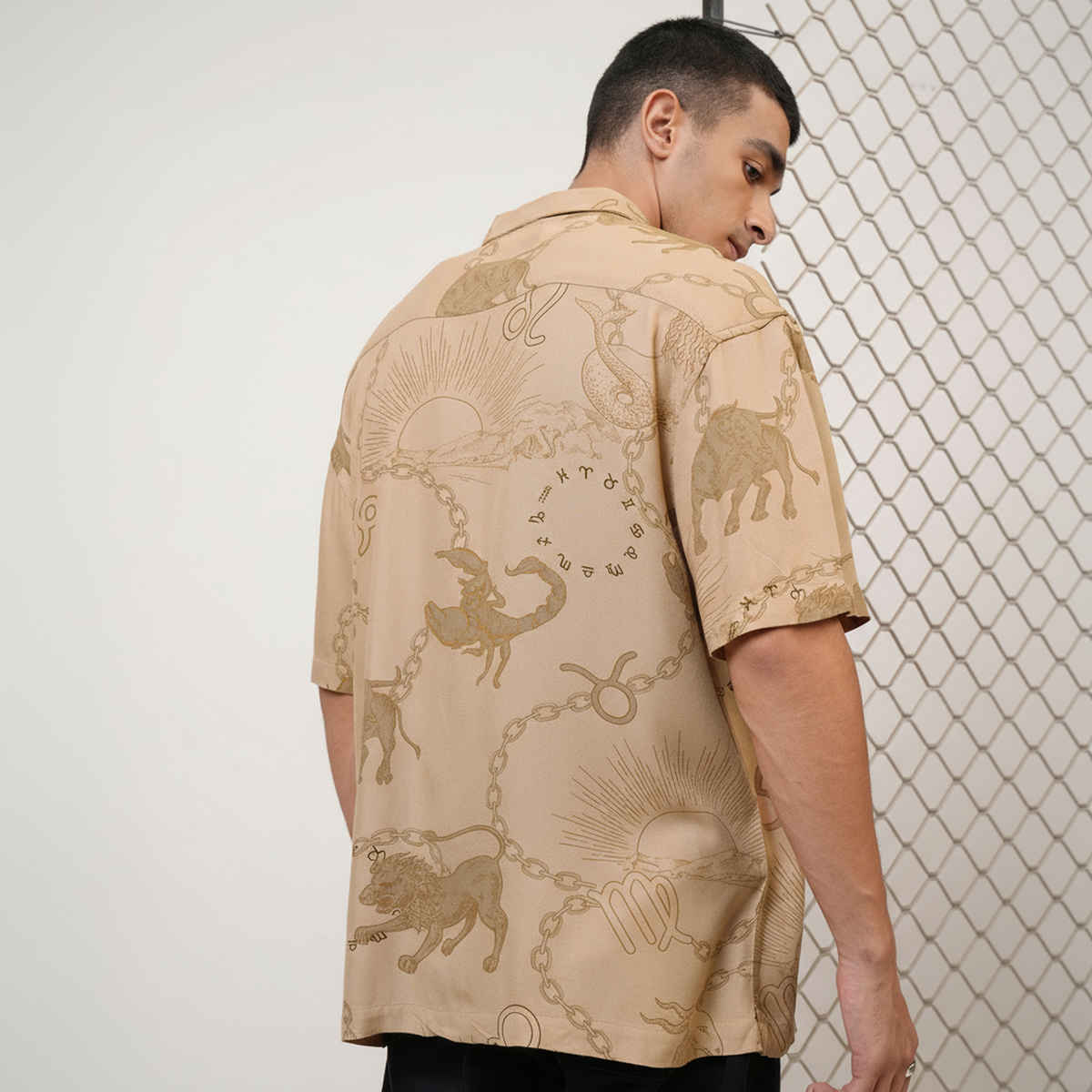 Ketch Mens Printed Oversized Shirt | Beige - L