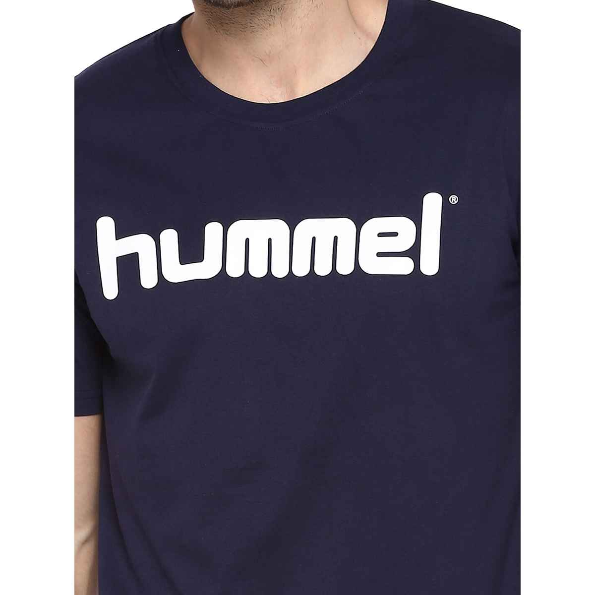 hummel Men's Go Logo Round Neck Solid Regular Fit Cotton Poly T-shirt | Marine - L