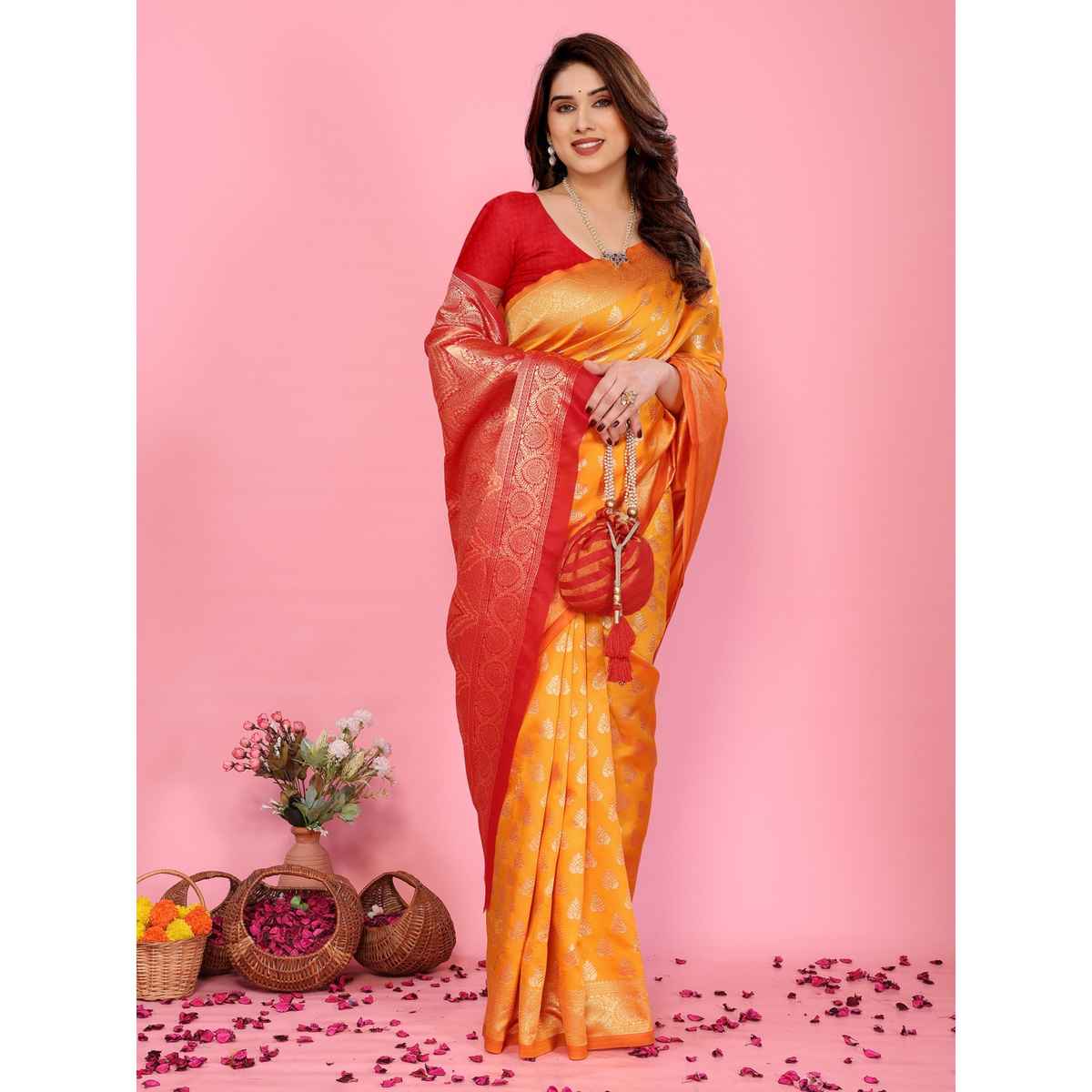 Hema Silk Mills Women Woven Banarasi Silk Blend Saree | Mustard