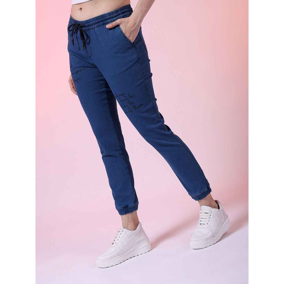 Freehand Women's Mid-Rise Medium Washed Printed Joggers With Elasticated Drawstring | Blue - 28