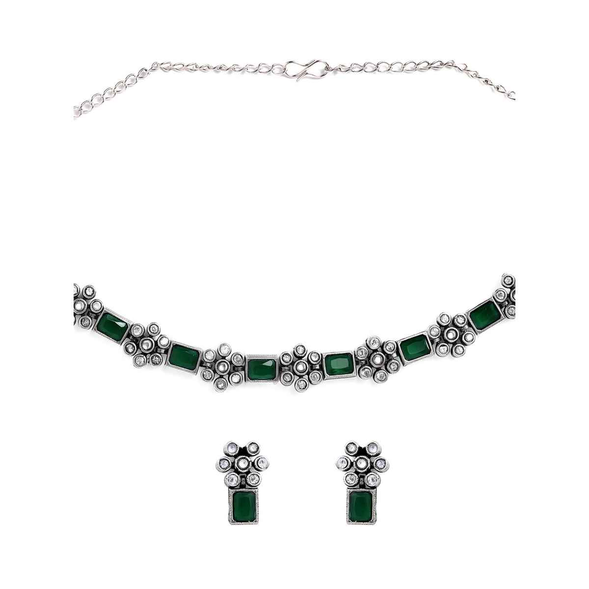 Rubans Oxidised Silver-Plated Emerald Green & Zirconia Stone Studded Floral Necklace Set