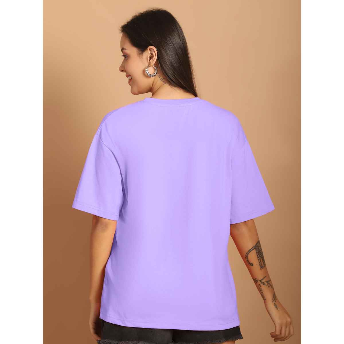 Fabflee Women Oversize Cotton Printed Round Neck Tshirt | Purple | FAB-OS-511 | S