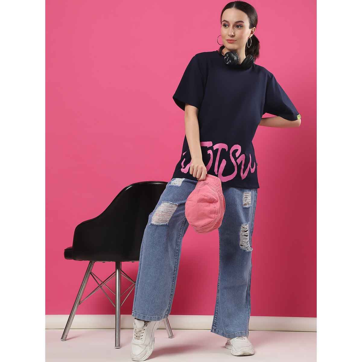 Rigo Women Terry Oversized Printed T-shirt | Navy - L