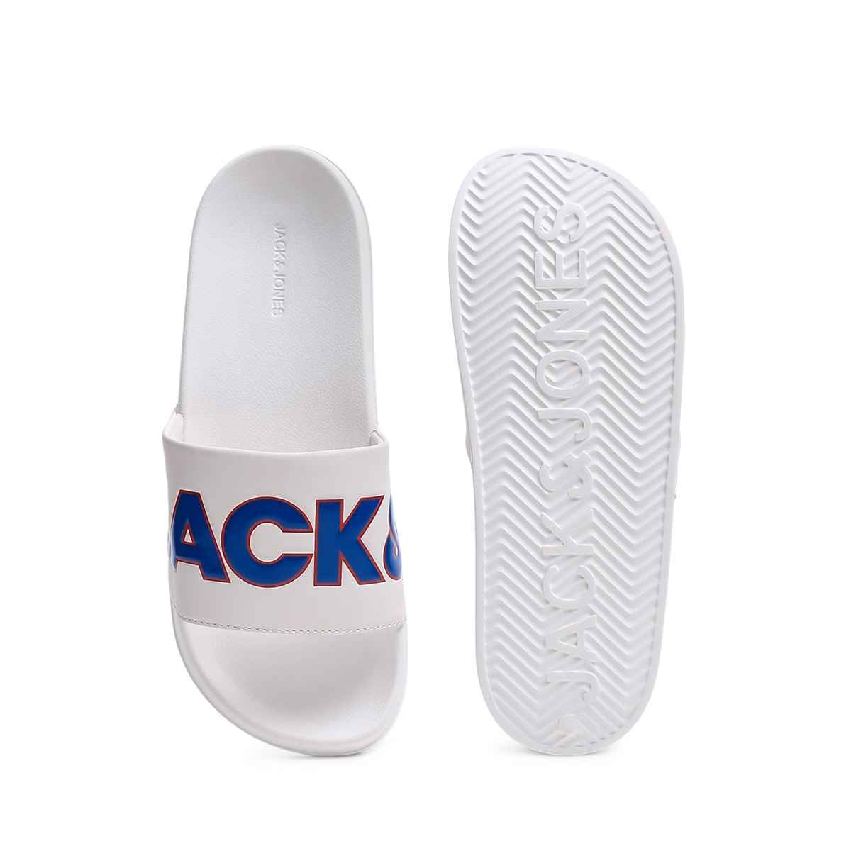 Jack & Jones Men's Contrast Logo PU Pool Sliders | White - UK 10