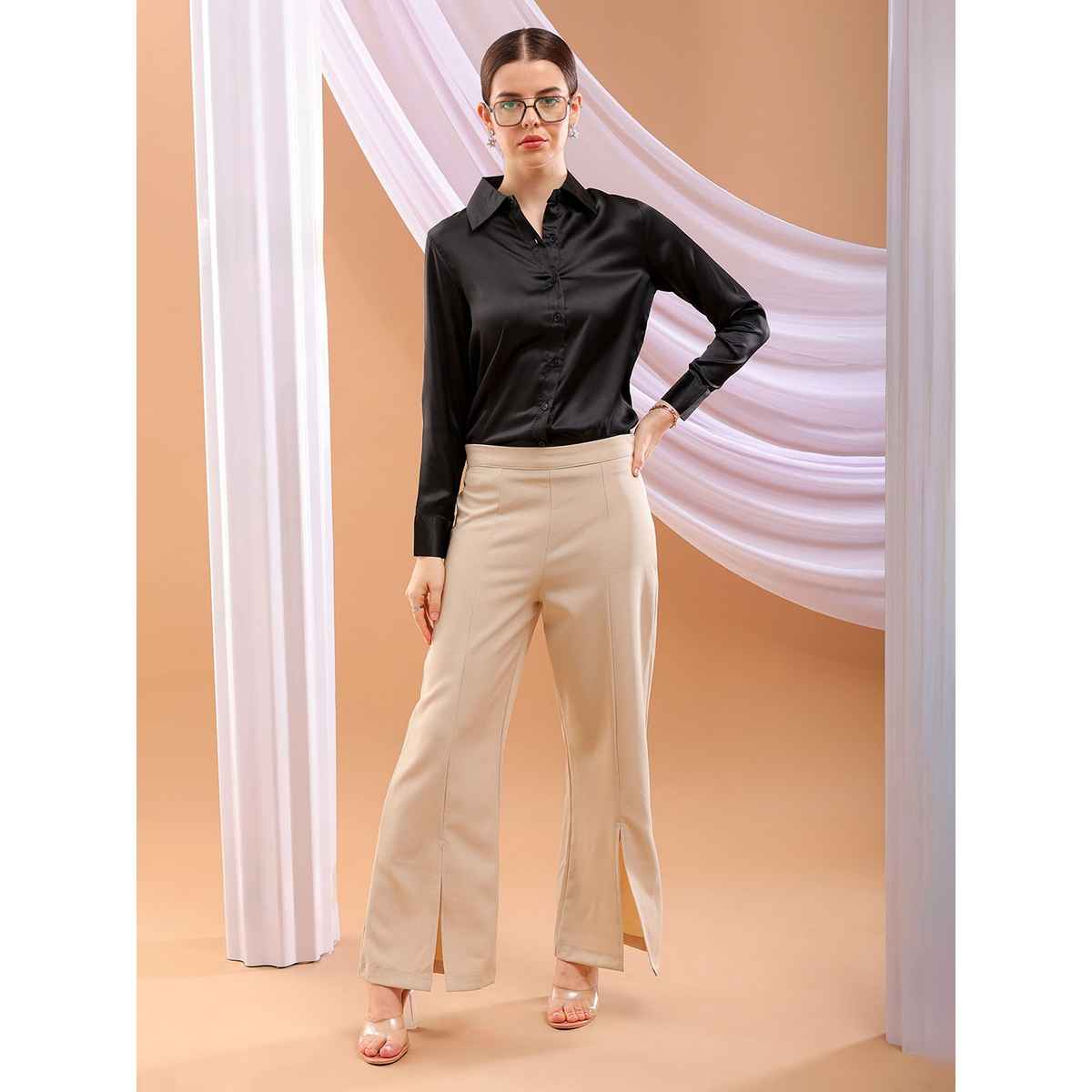 Freehand Women | Slim Solid Casual Regular Shirt | Black | L