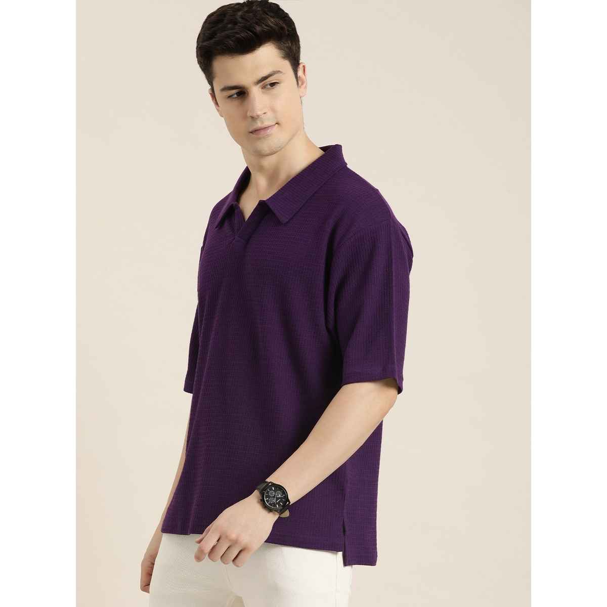 Dillinger Men's Waffle Structure Self Design Oversized Polo Collar T-shirt | Purple - 2XL