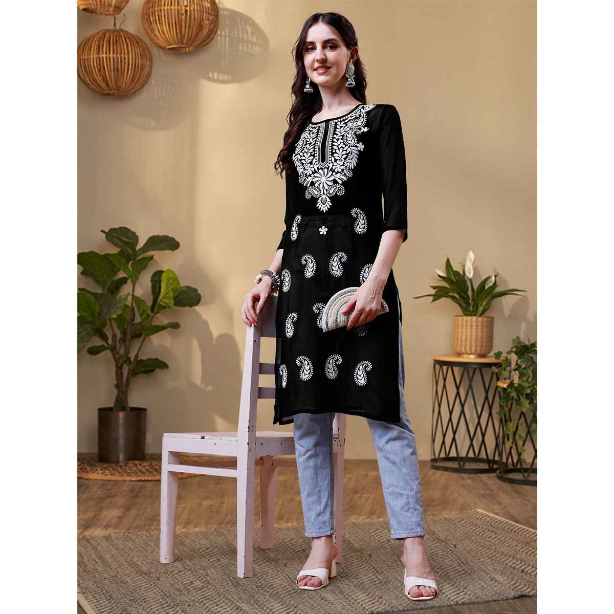 Youthnic Women Chikan Embroidery Short Kurti | B53 - Jini Black | L