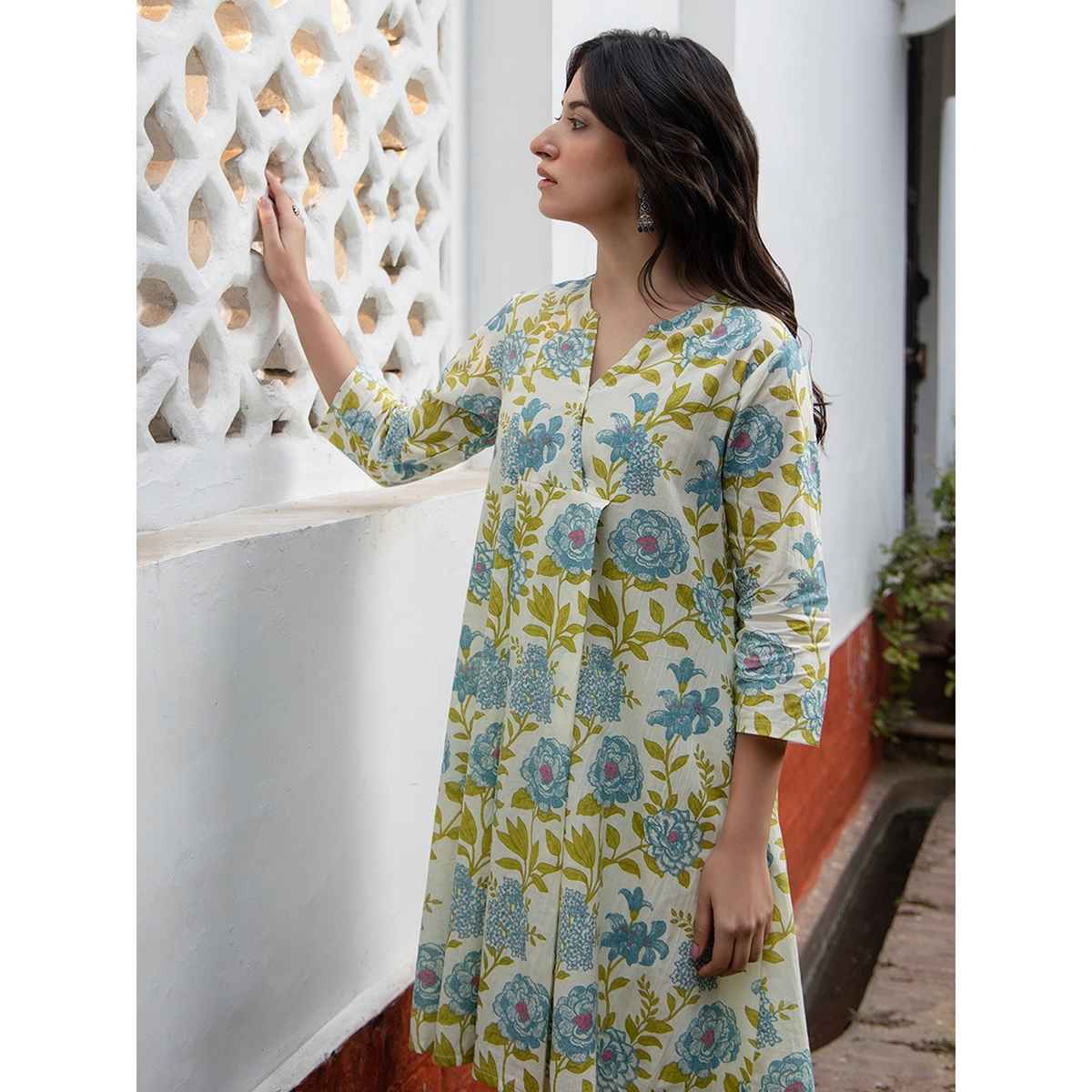 Janasya Women's Off White Pure Cotton Floral Printed Regular Tunic | 2XL