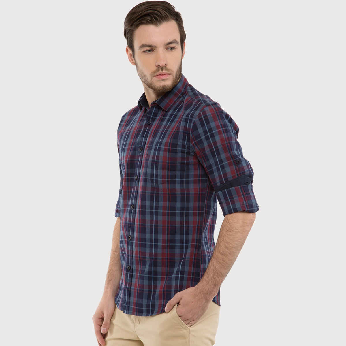 Highlander Men's Slim Fit Checked Casual Shirt - Navy Blue and Lt Blue | M