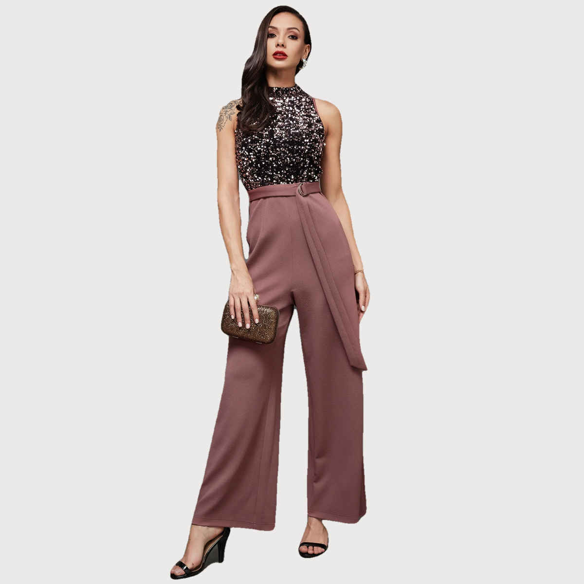 Miss Chase Women Sleeveless Embellished Halter Neck Regular Jumpsuit | Mauve | XL