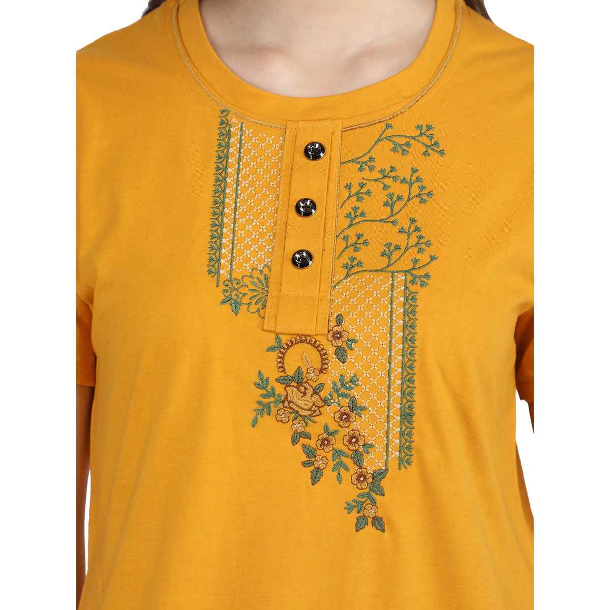 Duchess Women s Cotton Regular Fit Printed-Embroided Long Night Suit Set | Mustard-Olive | 2XL