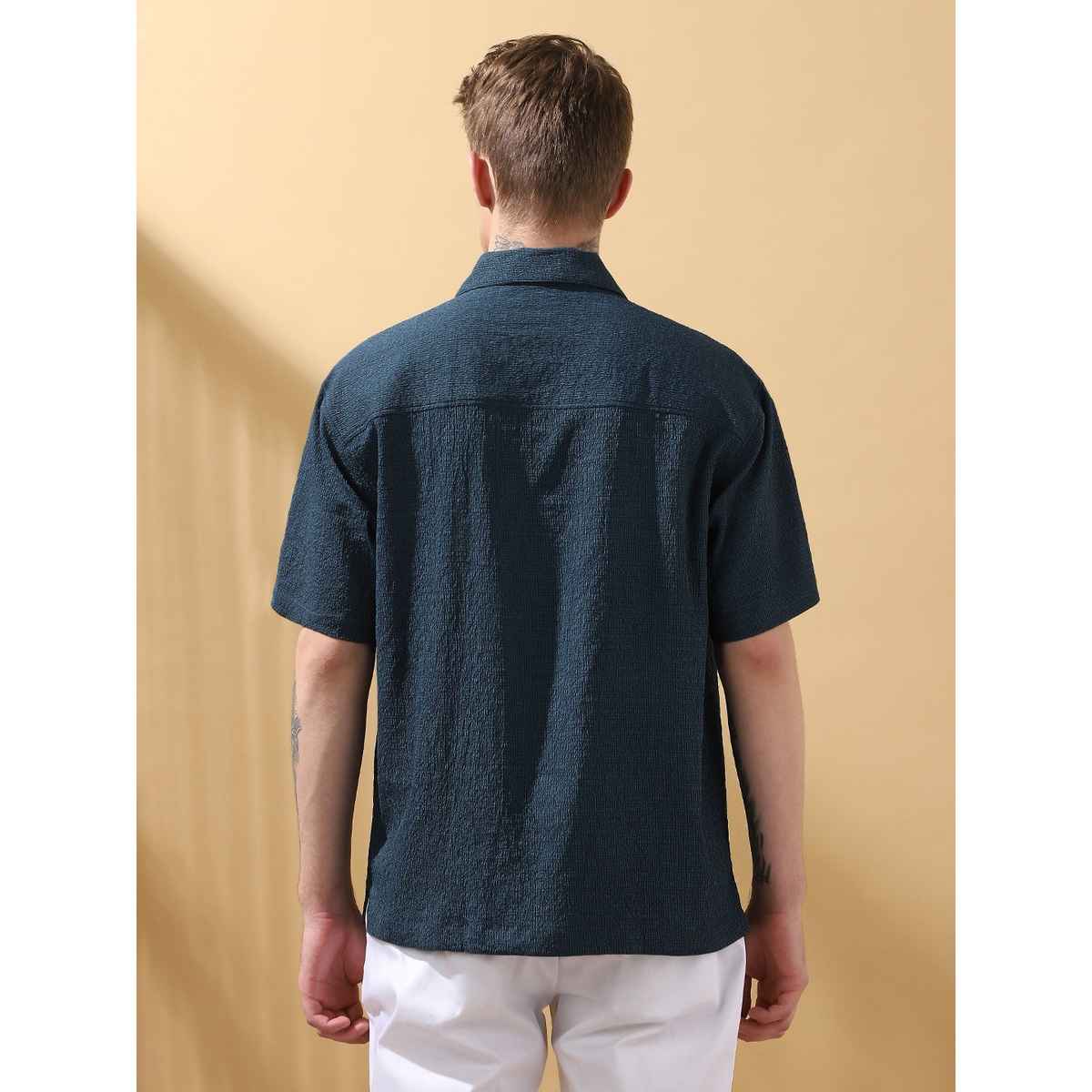 Dennis Lingo Men's Relaxed Fit Cuban Collar Textured Casual Shirt | DLMSHS25208 BL-XXL | Blue - XXL