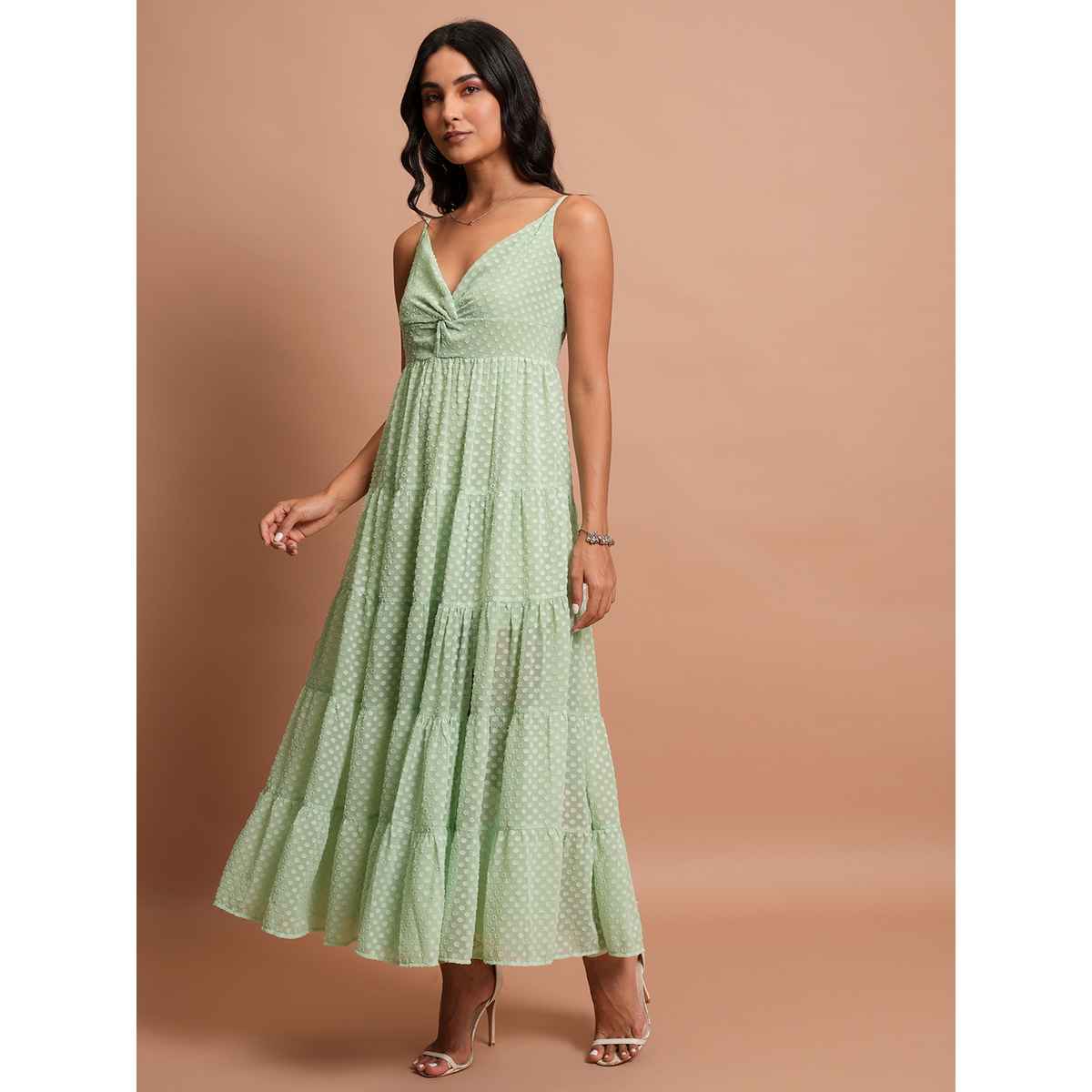 Ketch Women's Self Design Shoulder Strap Fit & Flare Midi Dress | Green | L