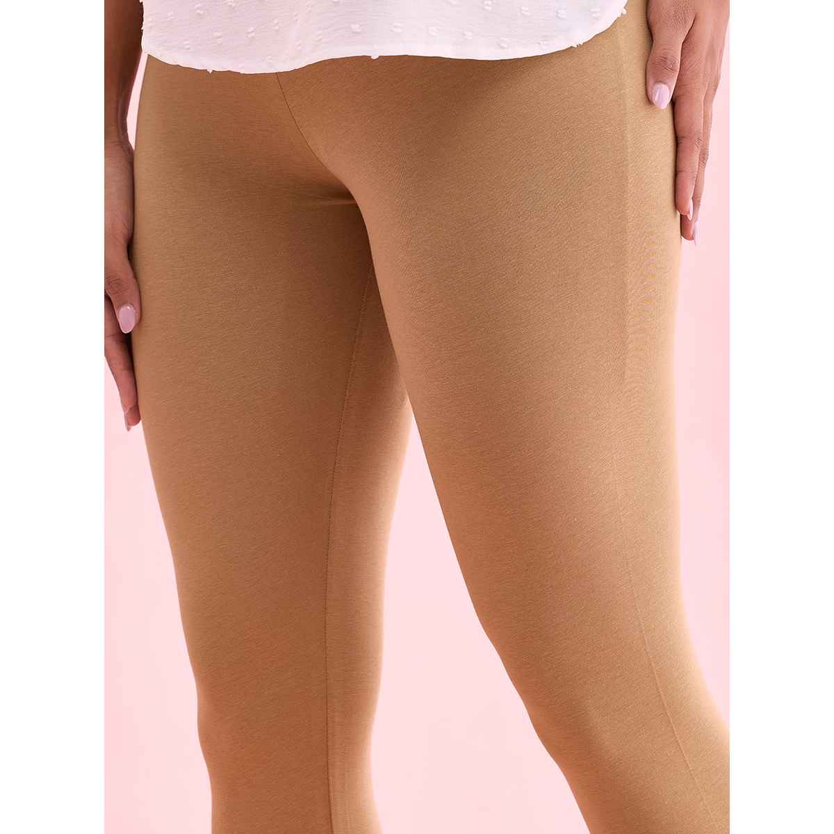 Go Colors Women's Solid Mid Rise Ankle Length Leggings | Beige - L