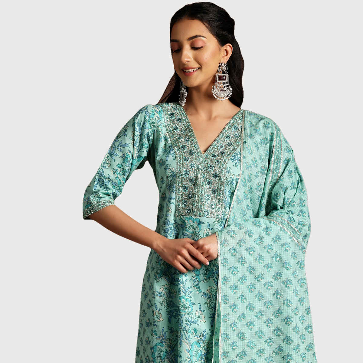 Libas Women's Turquoise Printed Cotton A-Line Kurta With Palazzos & Dupatta | S