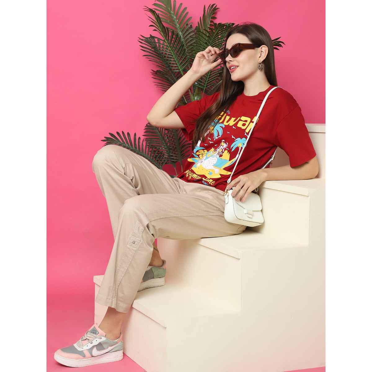 Fabflee Women Oversize Cotton Printed Round Neck Tshirt | Red | FAB-OS-528 | S