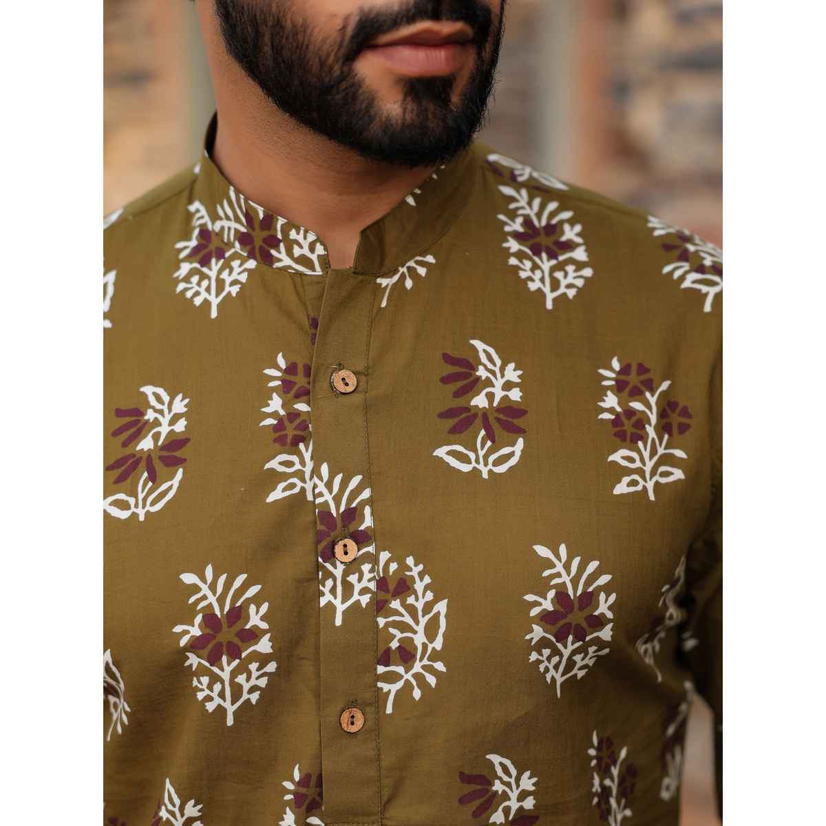 Sanskrutihomes Mandarin Collar Printed Summer Sheers Cotton Kurta for Men | Olive | S