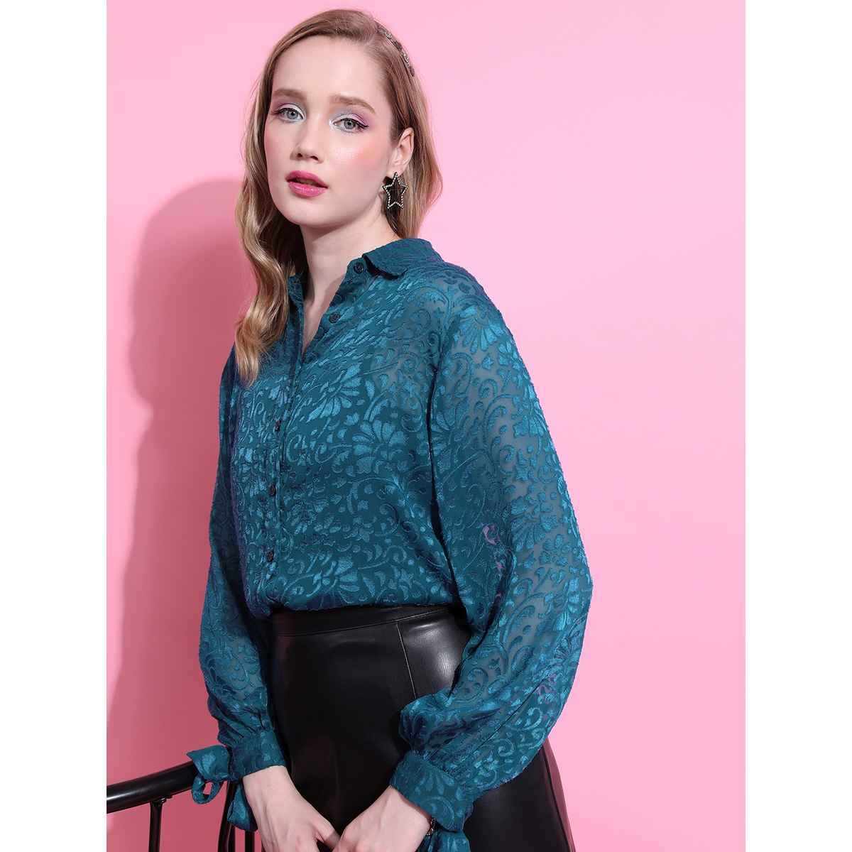 Ketch Women's Self Design Semi Sheer Lace Shirt Style Top | Teal | M