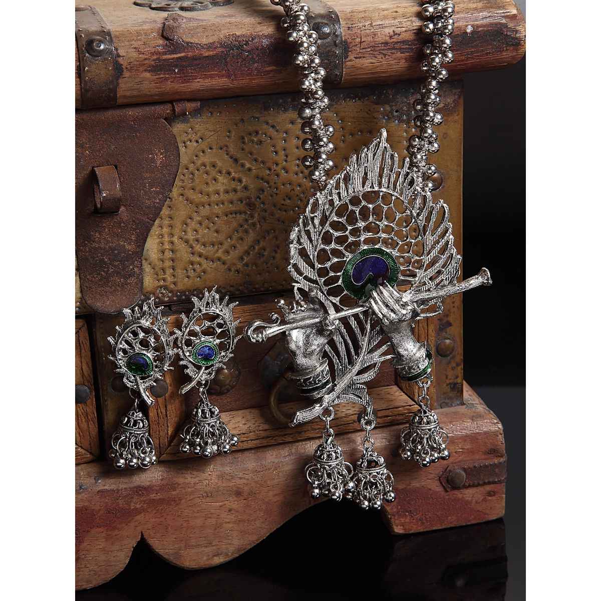 Shining Diva Fashion Stylish Traditional Oxidised Silver Necklace Set for Women and Gilrs | 13165s