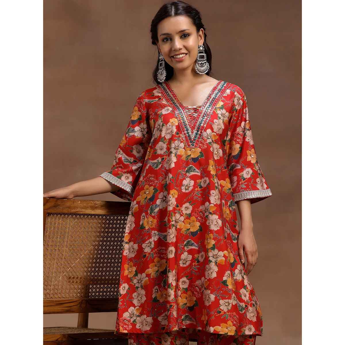 Libas Women's Red Printed Silk Blend Co-Ords | M