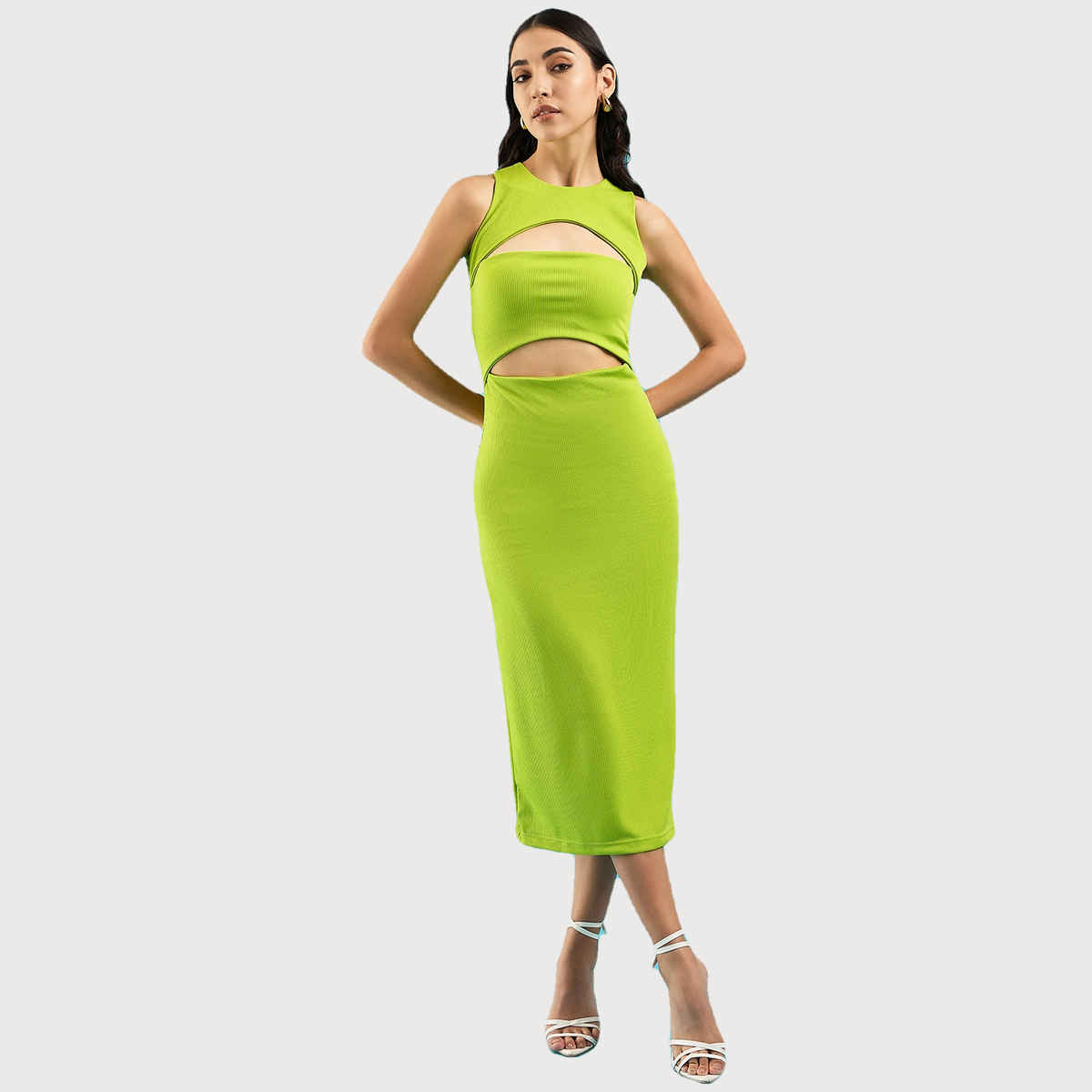 Uptownie Women's Stretchable Ribbed Bandage Dress | 120018416 | Green - M