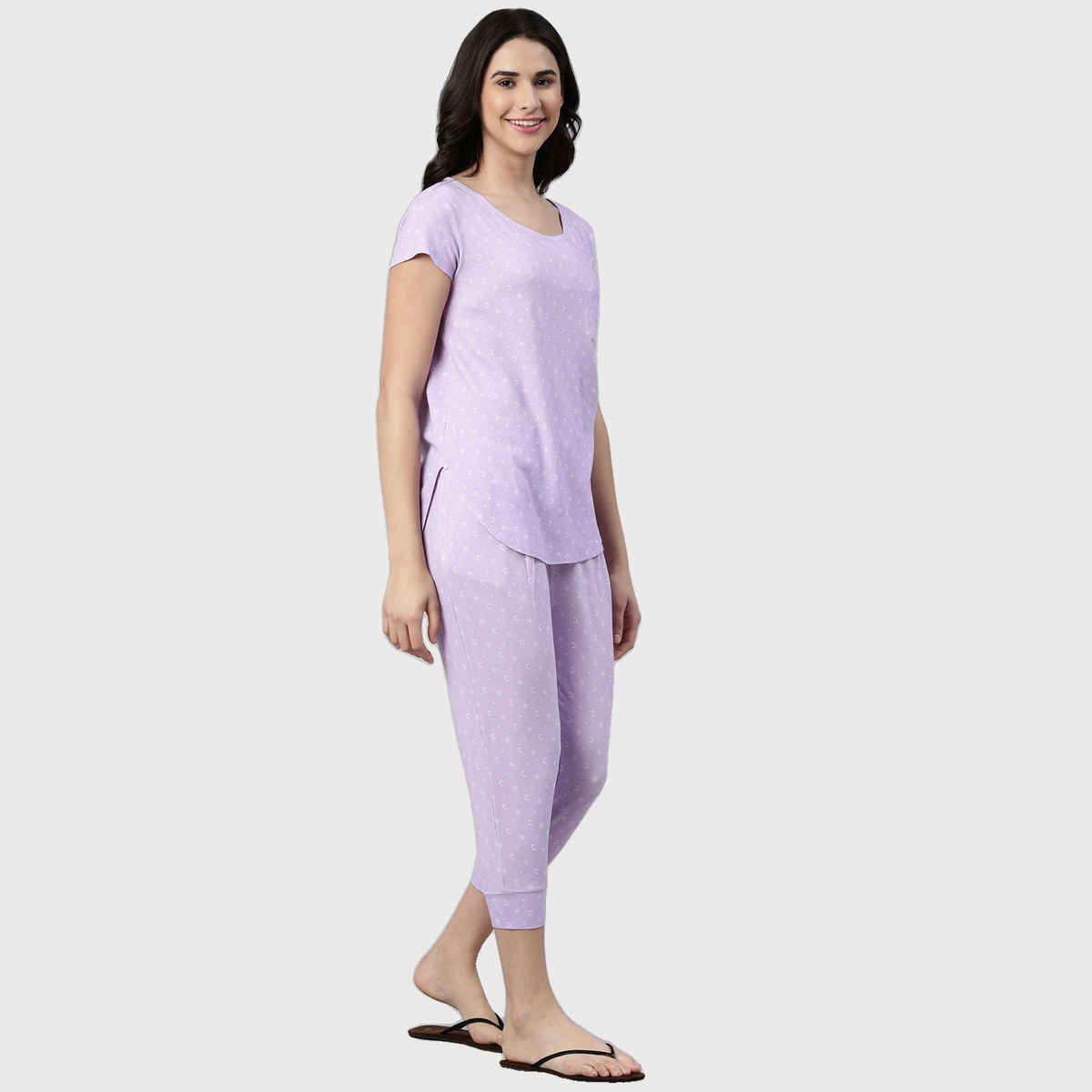 Enamor Essentials EC16 Women s Aop-Soft & Drapey All Over Printed Lounge Capri Set | Lavendar | L
