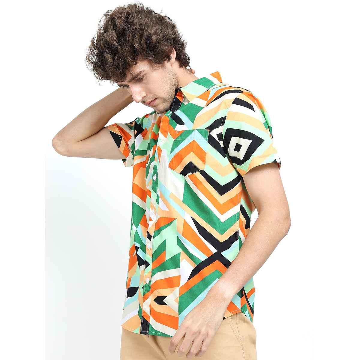 Ketch Men Green & Orange Slim Fit Geometric Printed Cotton Casual Shirt | Green/Orange - L