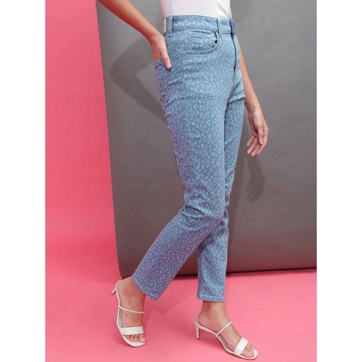 Freehand Women's Laser Leopard Pattern Straight Fit Denim Jeans | Blue - 30