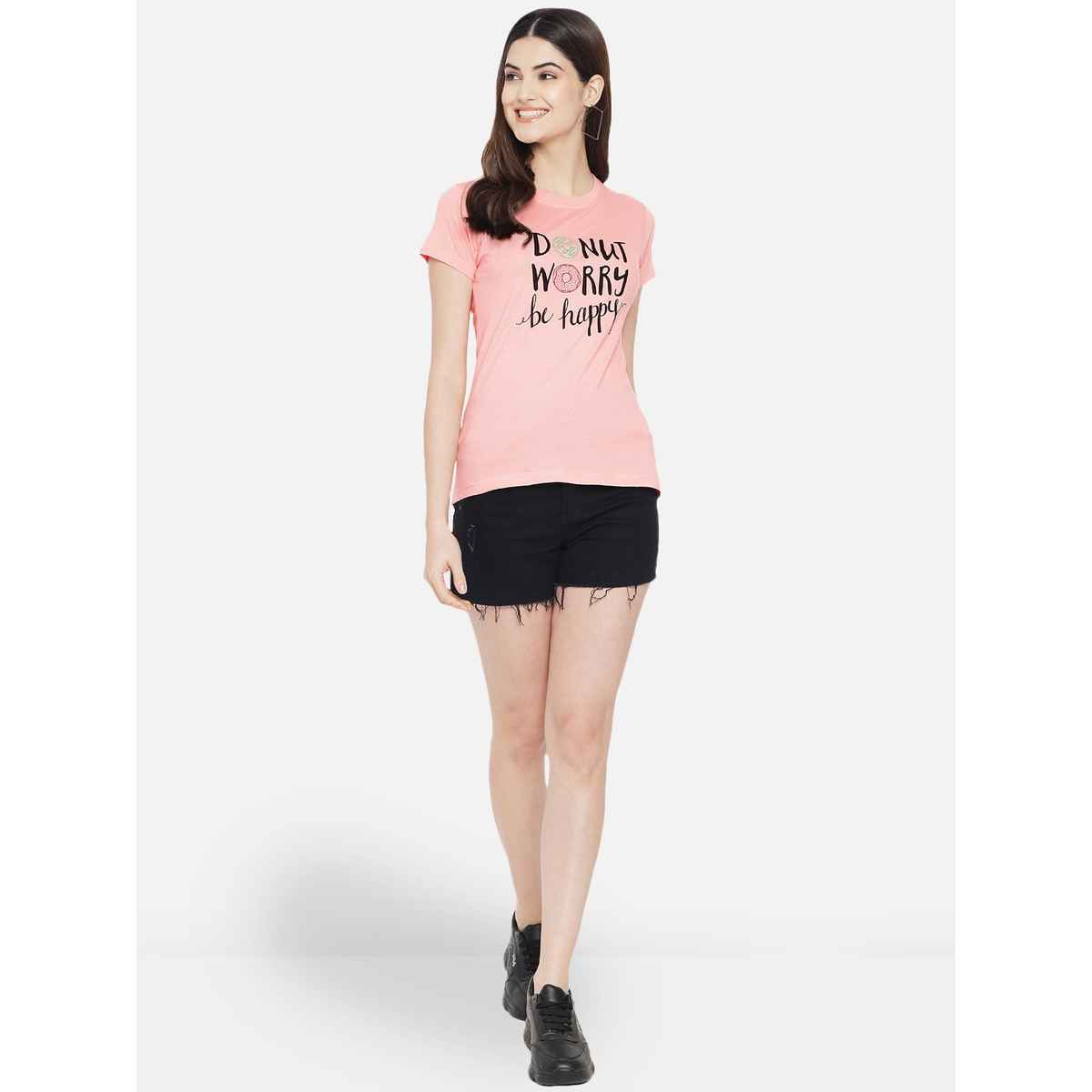 Fabflee Women Regular Cotton Printed Round Neck Tshirt | Pink | FAB-WT-07 | M