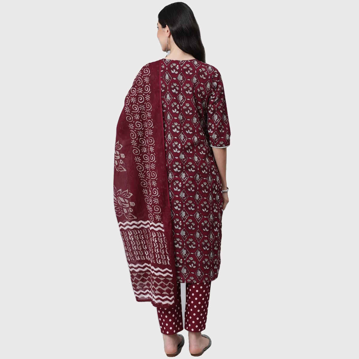 Anubhutee Women's Ethnic Motifs Thread Work Pure Cotton Kurta with Trousers & Dupatta | Maroon - L