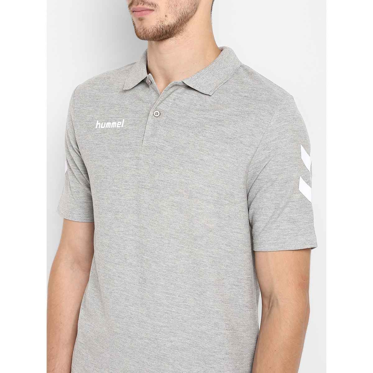 hummel Men's Go Polo Neck Solid Regular Fit Cotton Poly T-shirt | Grey Melange - XL