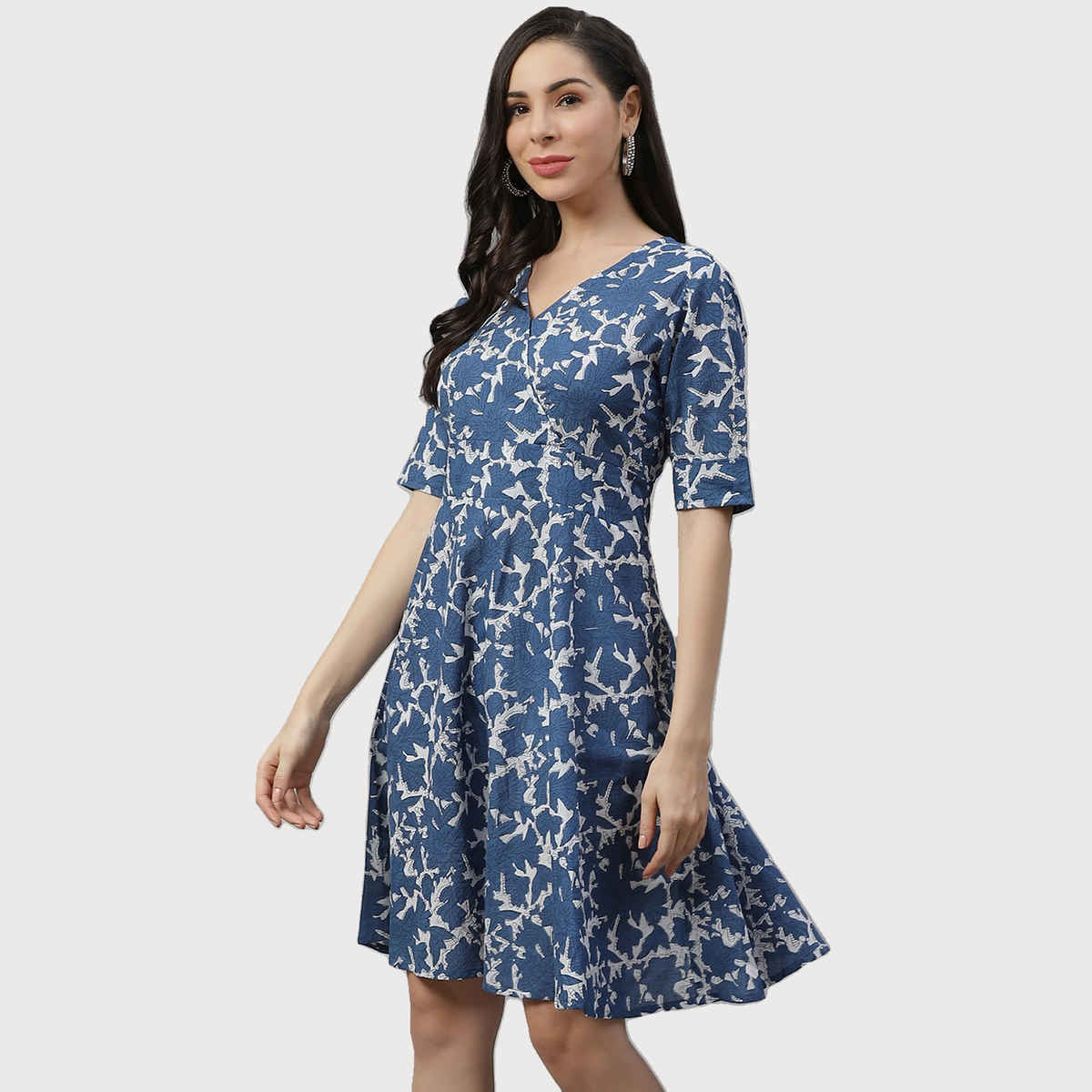 Divena Printed Knee Length Women's Dress | DK0590 | Indigo - L