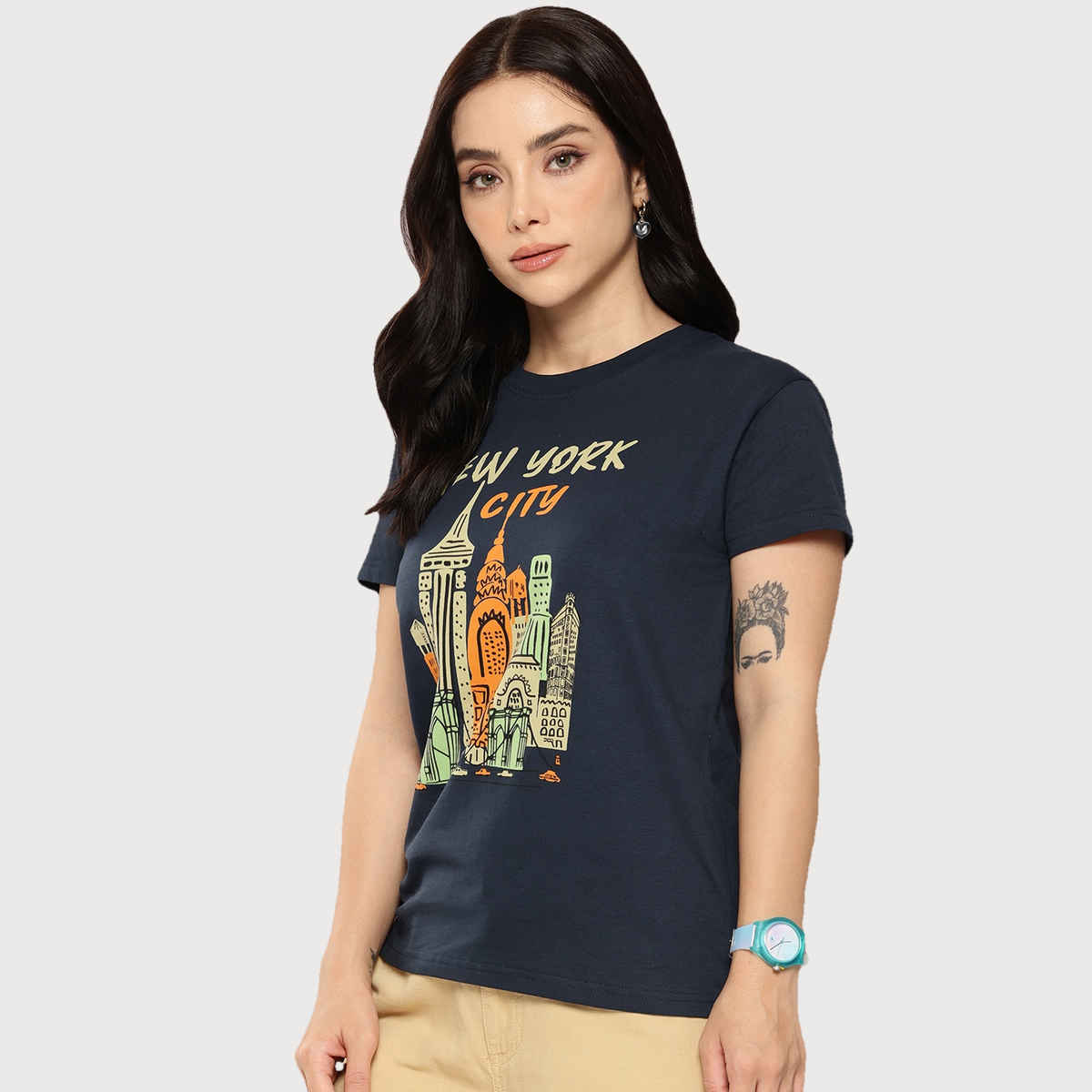 Dillinger Women's Regular Fit Printed T-shirt | WMNCR572NVY | Navy Blue - M