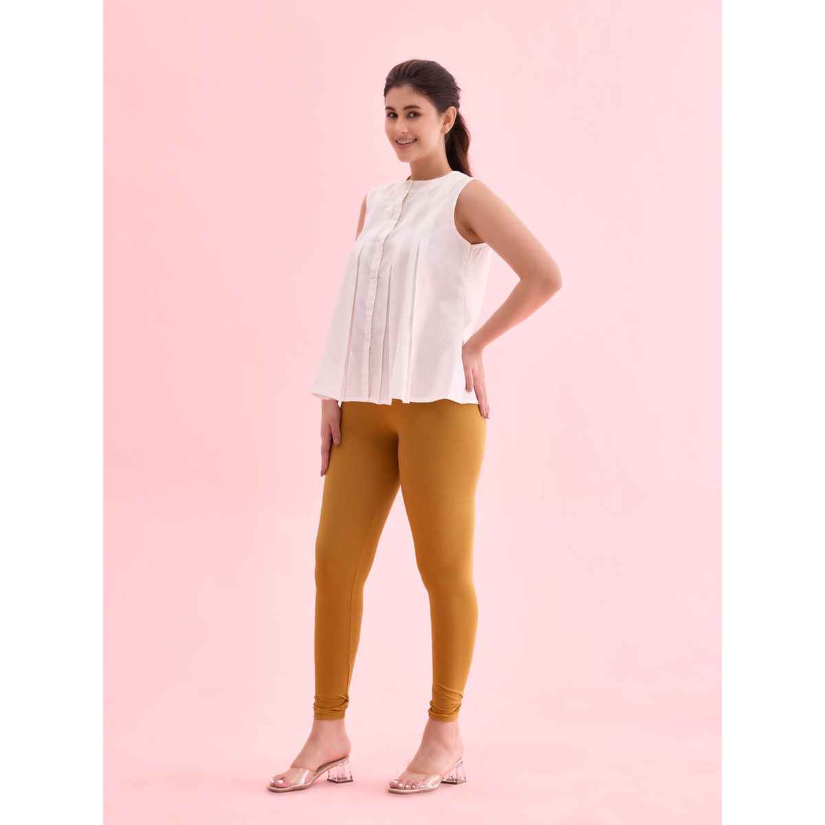 Go Colors Women's Solid Mid Rise Ankle Length Leggings | Mustard - L