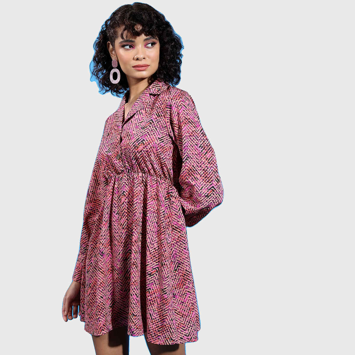 Ketch Women's Abstract Printed Gathered Lapel Collar Shirt Dress | Pink | L