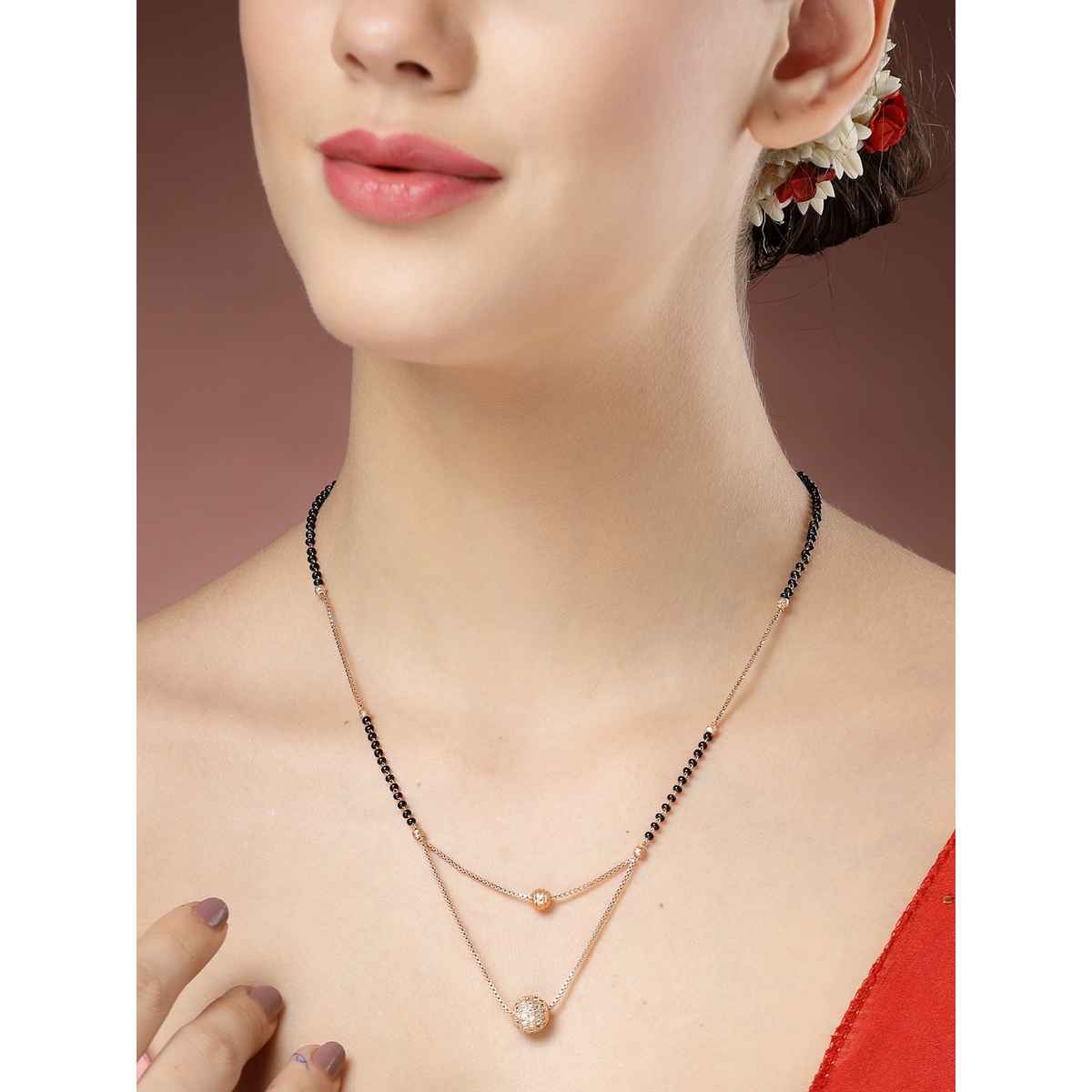 NVR Women's Rose Gold Cz Stone-studded & Beaded Layered Mangalsutra | NVR2721