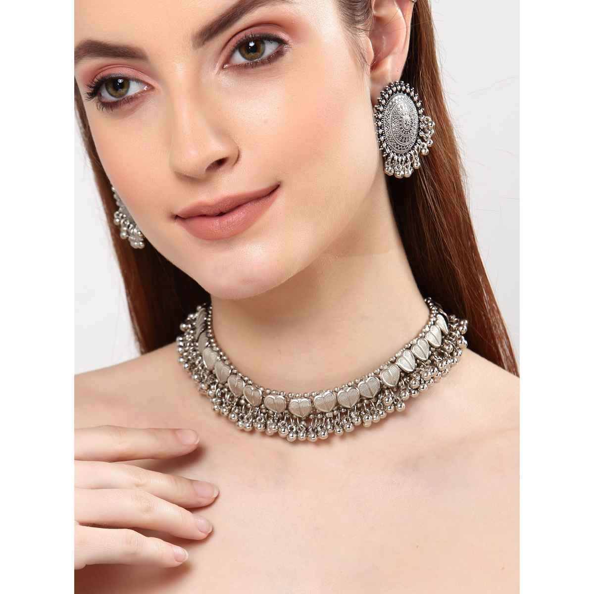 Shining Diva Fashion Stylish Traditional Oxidised Silver Necklace Jewellery Set for Women | 13157s