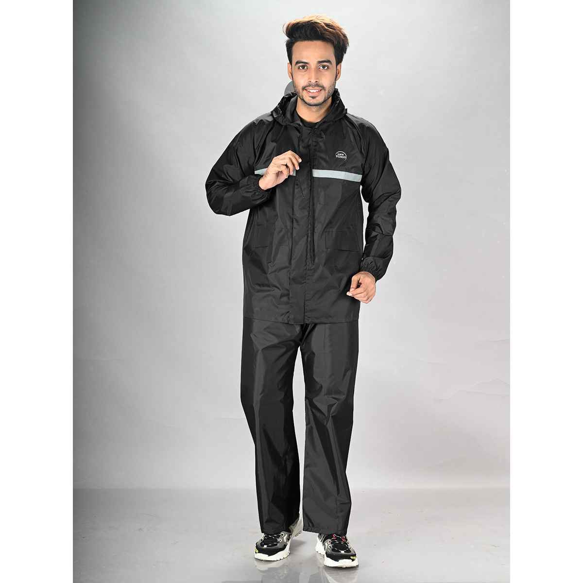 Lux Venus Reflecting Design Tapping Rain Suit for Men - Black | XL