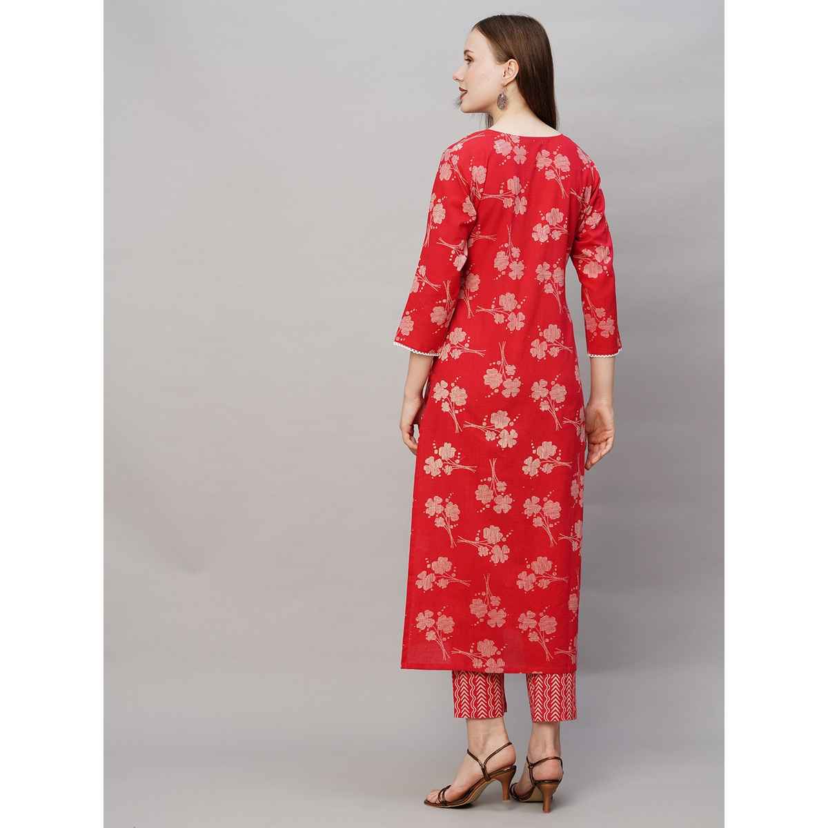 GoSriKi Women's Viscose Rayon Straight Printed Kurta with Pant | Red - L