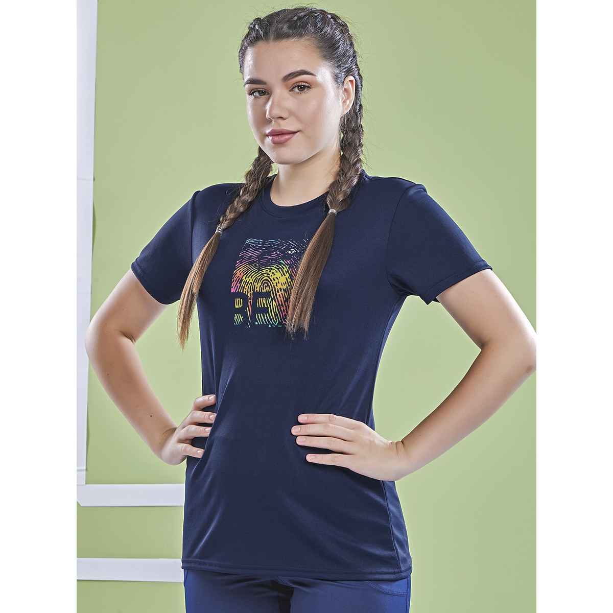 Technosport Women's Printed Slim Fit Round Neck Sports T-shirt with TECHNOCOOL+ - Navy XL