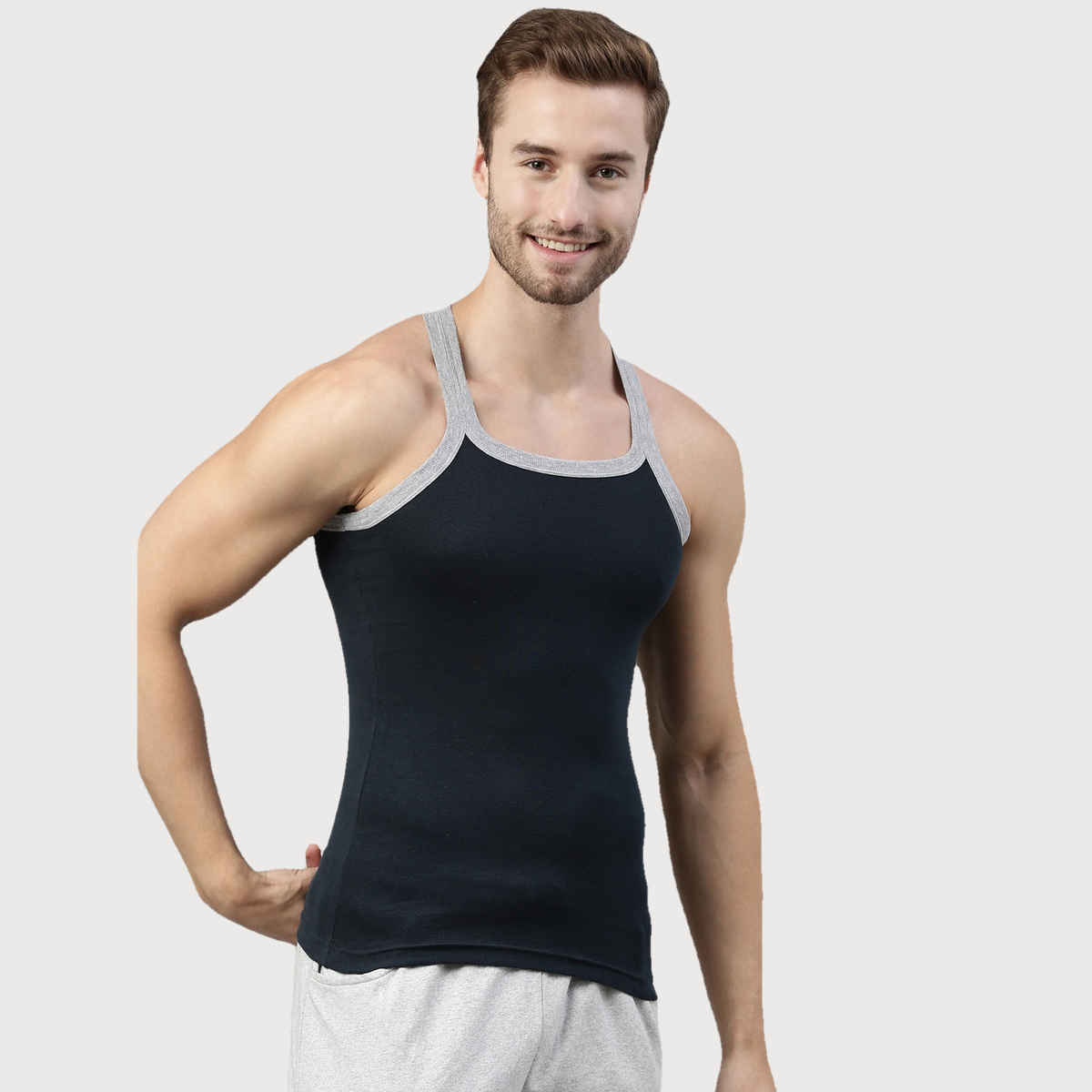 Dixcy Scott Men's 100% Combed Cotton Rib Solid Squared Neck Sleeveless Gym Vest | Grey & Navy - S
