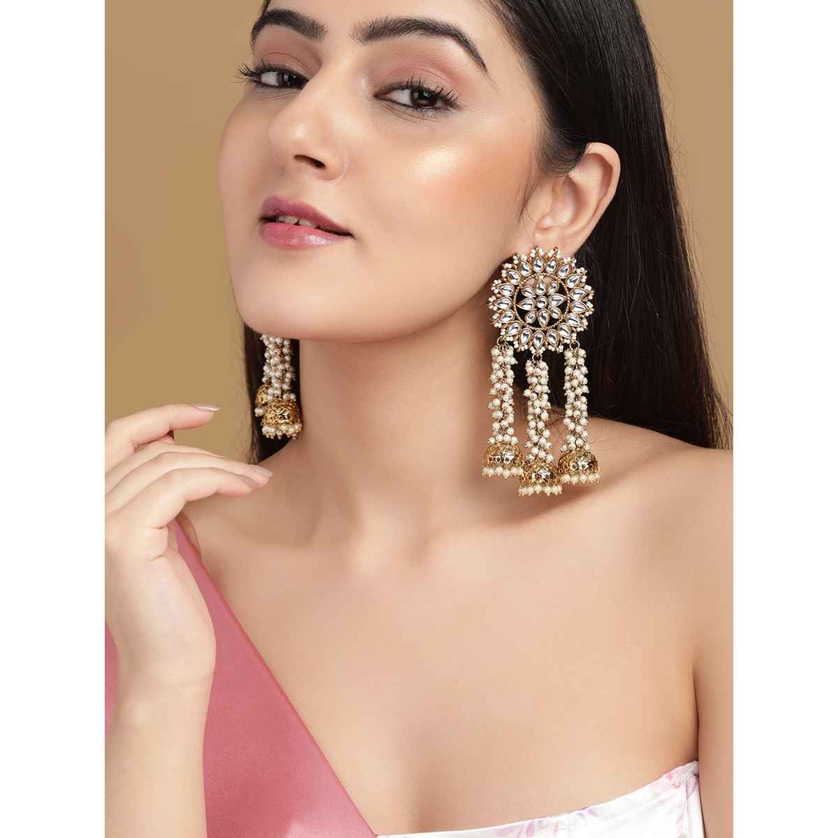 Rubans 22K Gold Plated Handcrafted Kundan Studded Floral Design 3-Layered Jhumkas Earrings