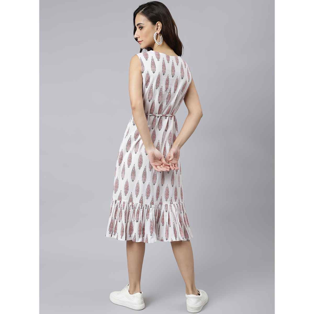 Janasya Women s White Pure Cotton Ethnic Motifs Flared Western Dress - JNE3942-DR - M